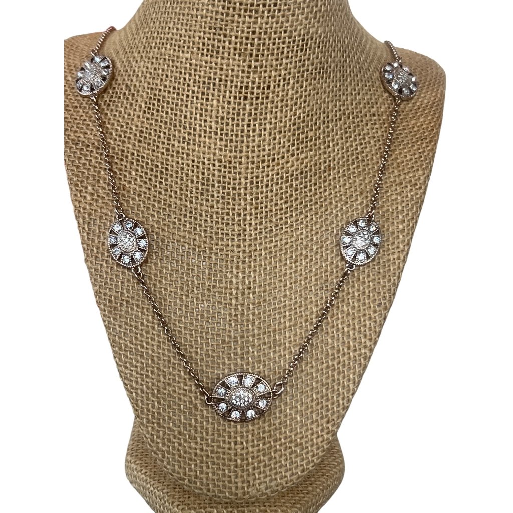 Ann Taylor Gold Tone Chain Necklace Sunburst Stations Clear Rhinestones Adj 35